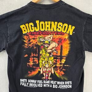Vintage Big Johnson Shirt Mens Medium Black Firefighter Feel Some Heat Y2K 2002